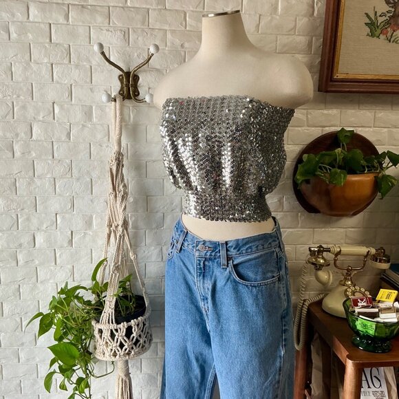Vintage Tops - Vintage 1970s Disco Metallic Silver Sequin Tube Top